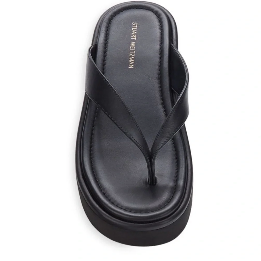 NEW Stuart Weitzman Contempo Thong Platform Flat Black Leather Sandal Sz 7 B - Picture 6 of 9